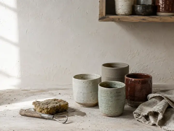 Handmade stoneware, unfinished clay, linen, and tools on a ceramicist's worktable