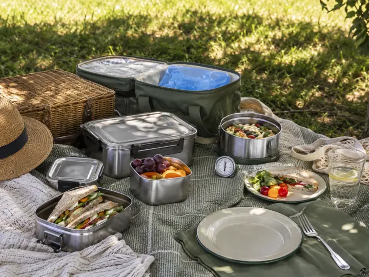 Reusable food containers, sandwiches, fruit, cold pack, food thermometer, and an extra place setting on a shaded picnic cloth