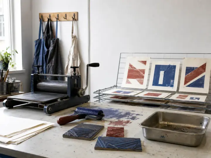 A printmaking press, rollers, blocks, and abstract two-colour prints in a classroom