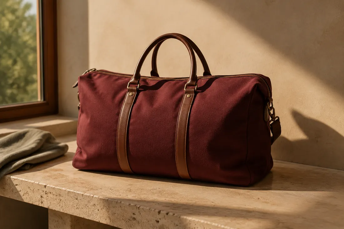 A burgundy canvas weekender bag in warm afternoon light