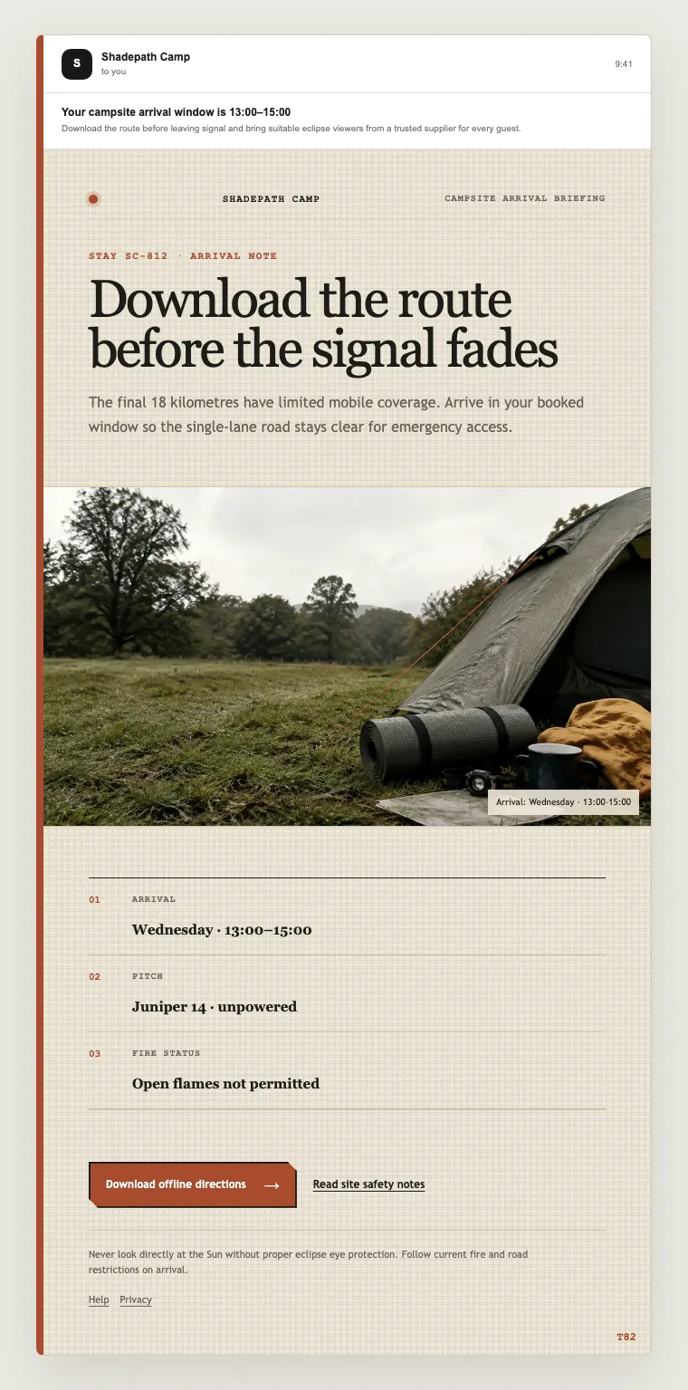 Campsite arrival briefing email template preview