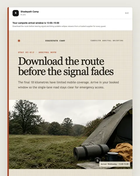 Campsite arrival briefing email template preview