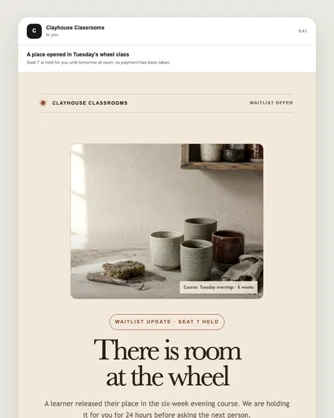 Ceramics course waitlist offer email template preview