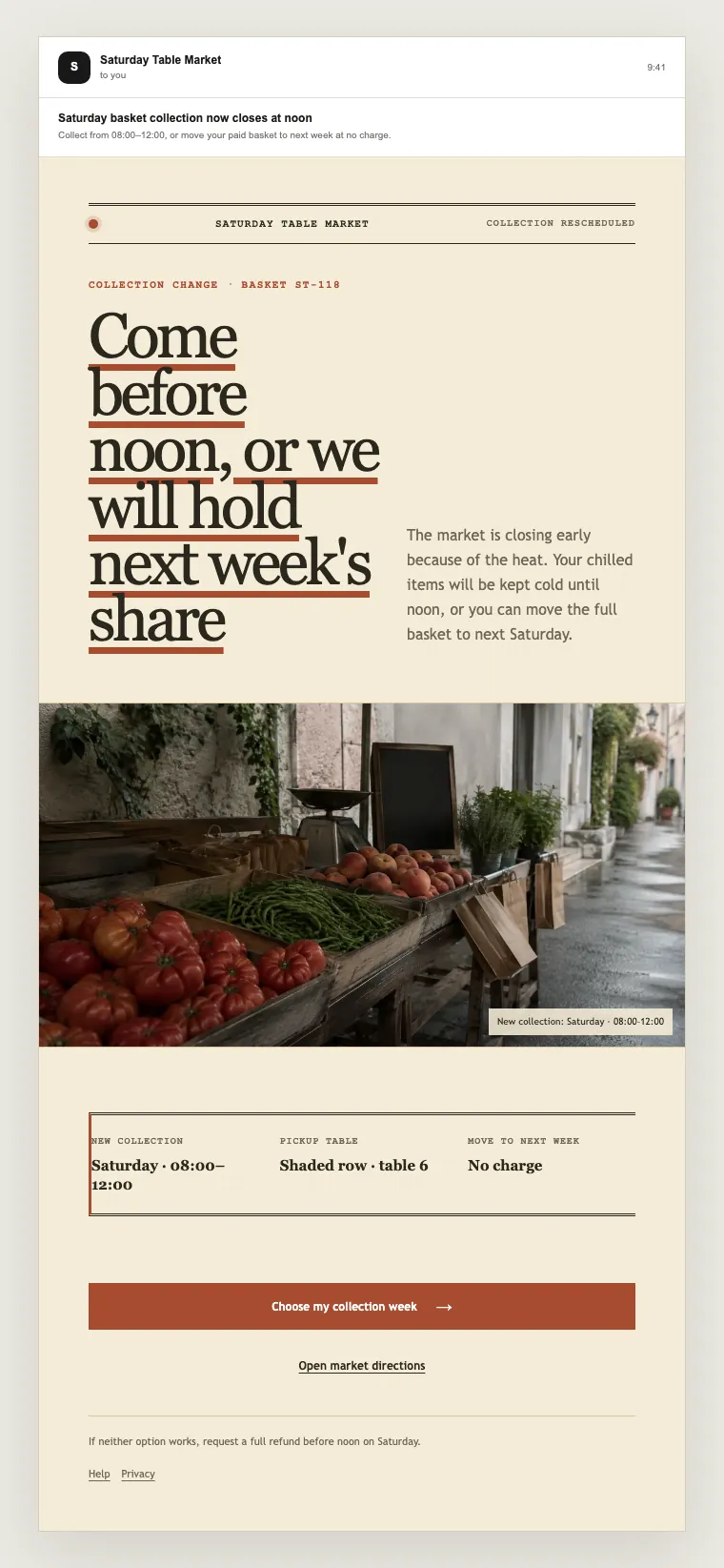 Collection rescheduled email template preview