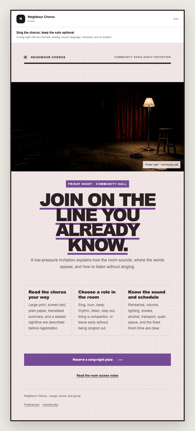 Community song-night invitation email template preview