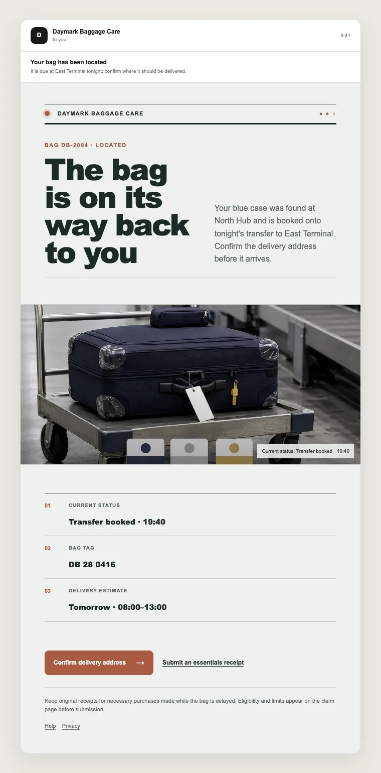 Delayed baggage update email template preview