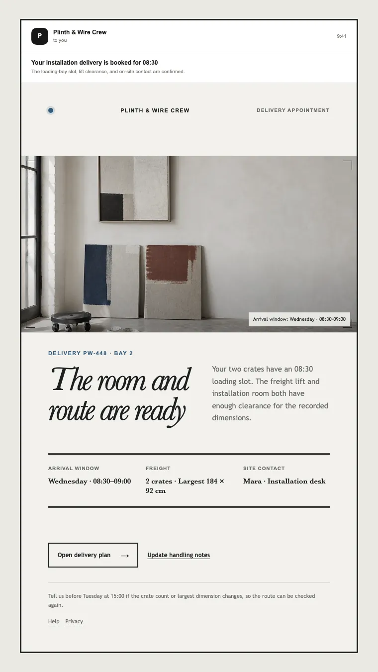Delivery appointment email template preview