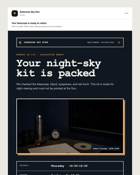 Equipment collection email template preview