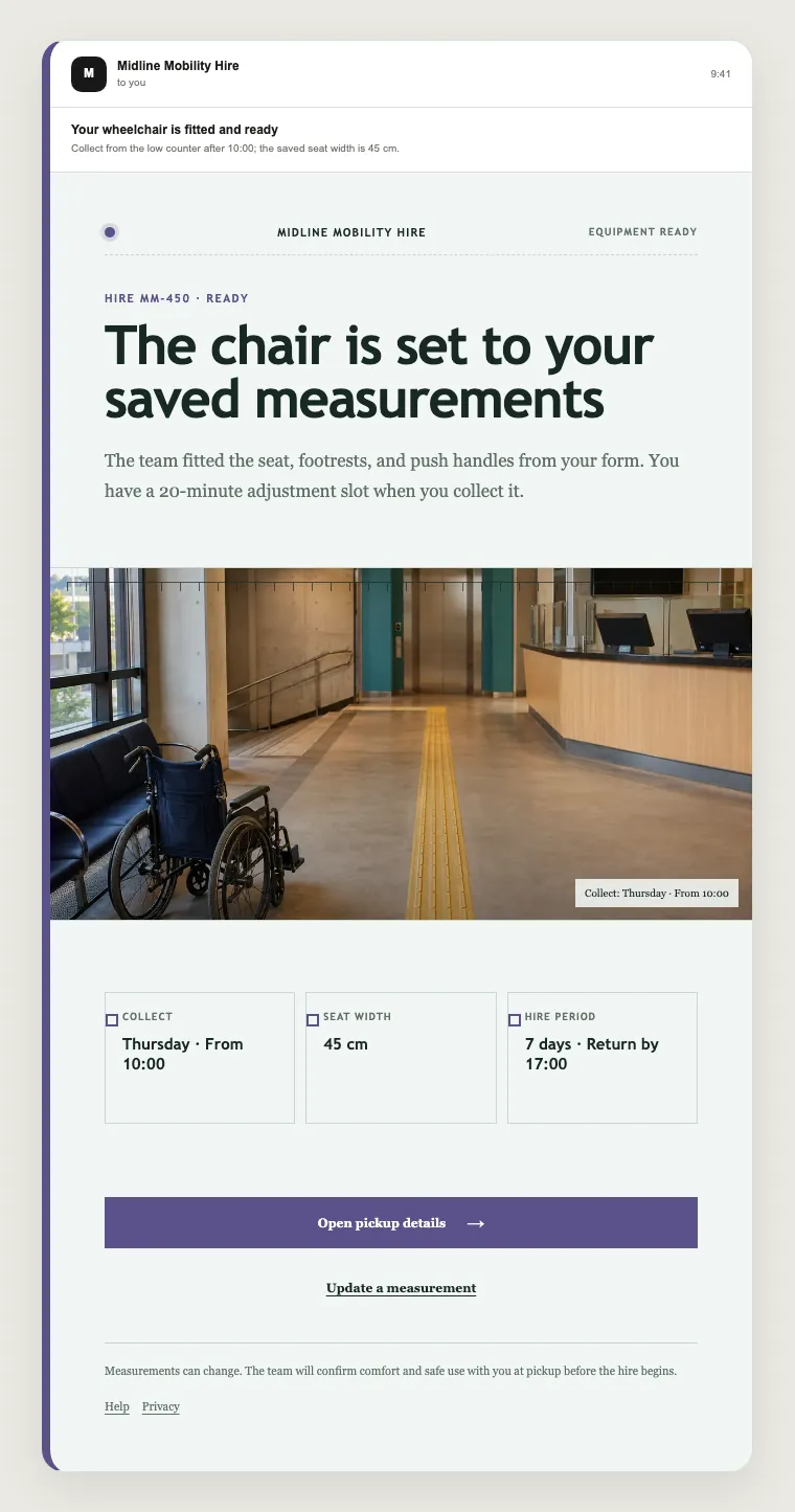 Equipment ready email template preview