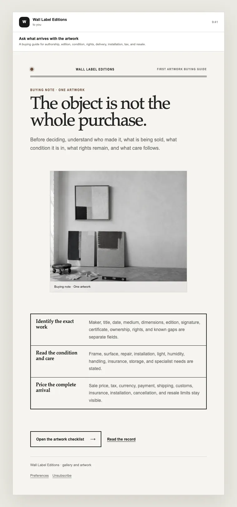 First artwork buying guide email template preview