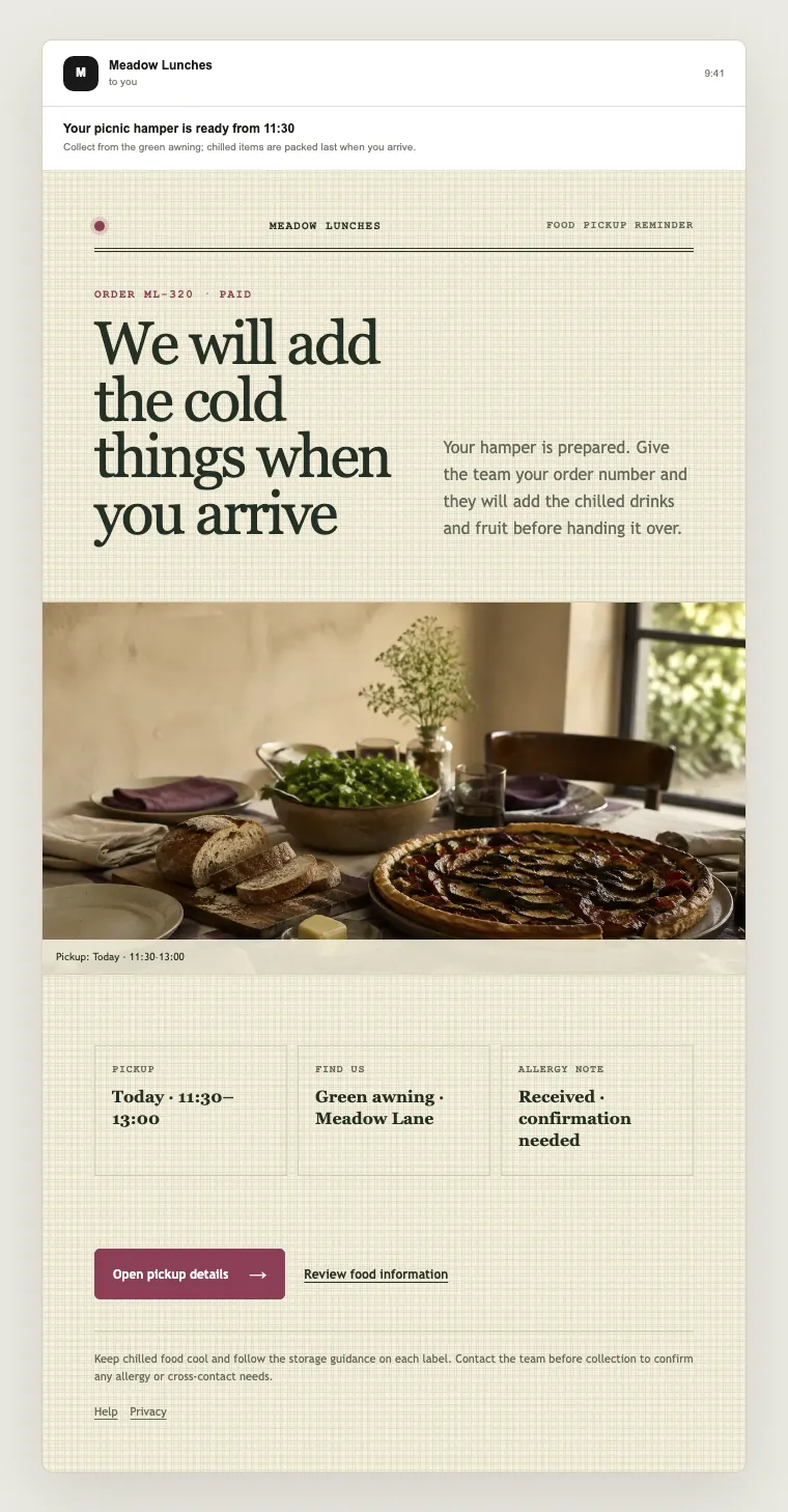 Food pickup reminder email template preview