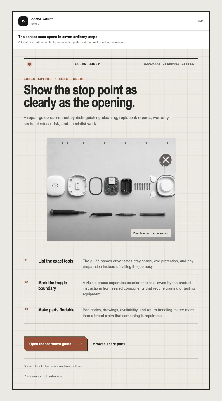 Hardware teardown letter email template preview
