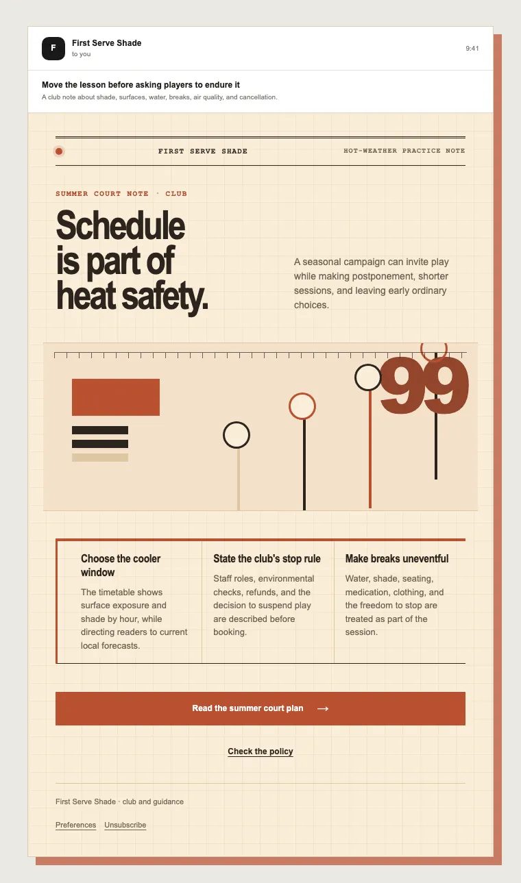 Hot-weather practice note email template preview