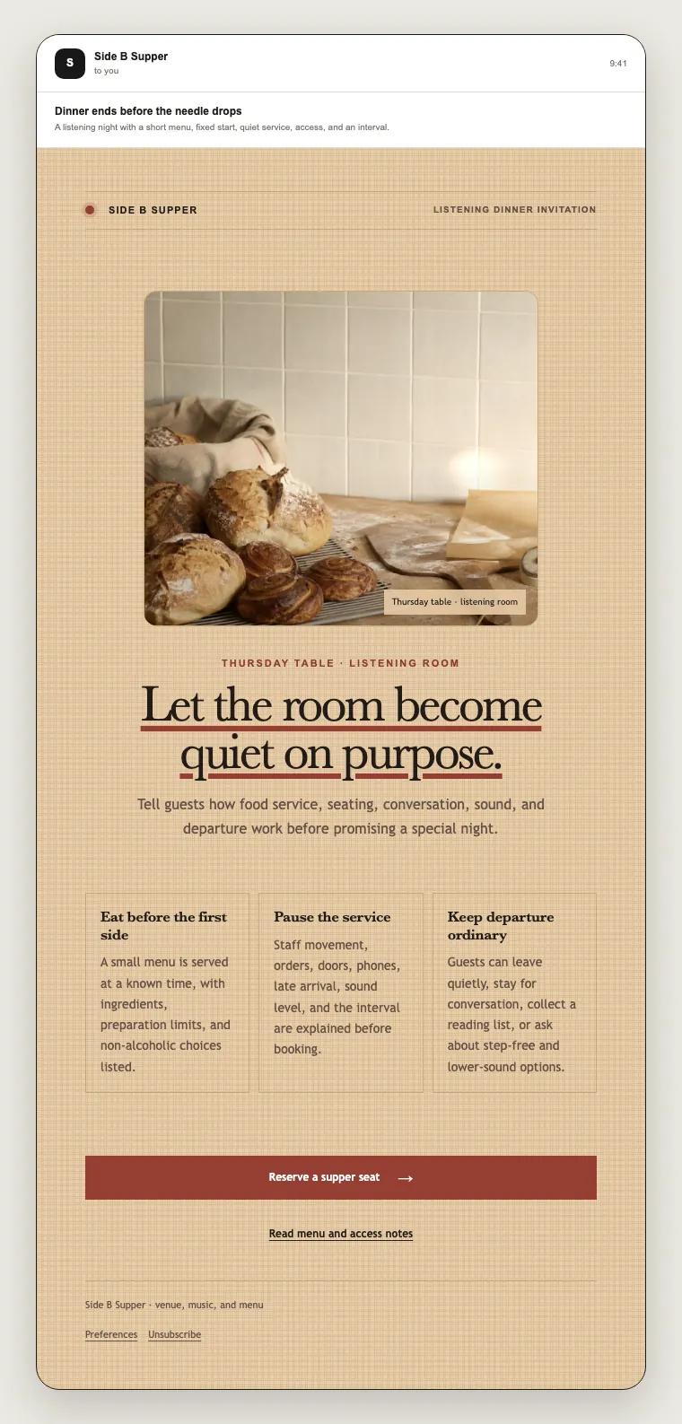 Listening dinner invitation email template preview