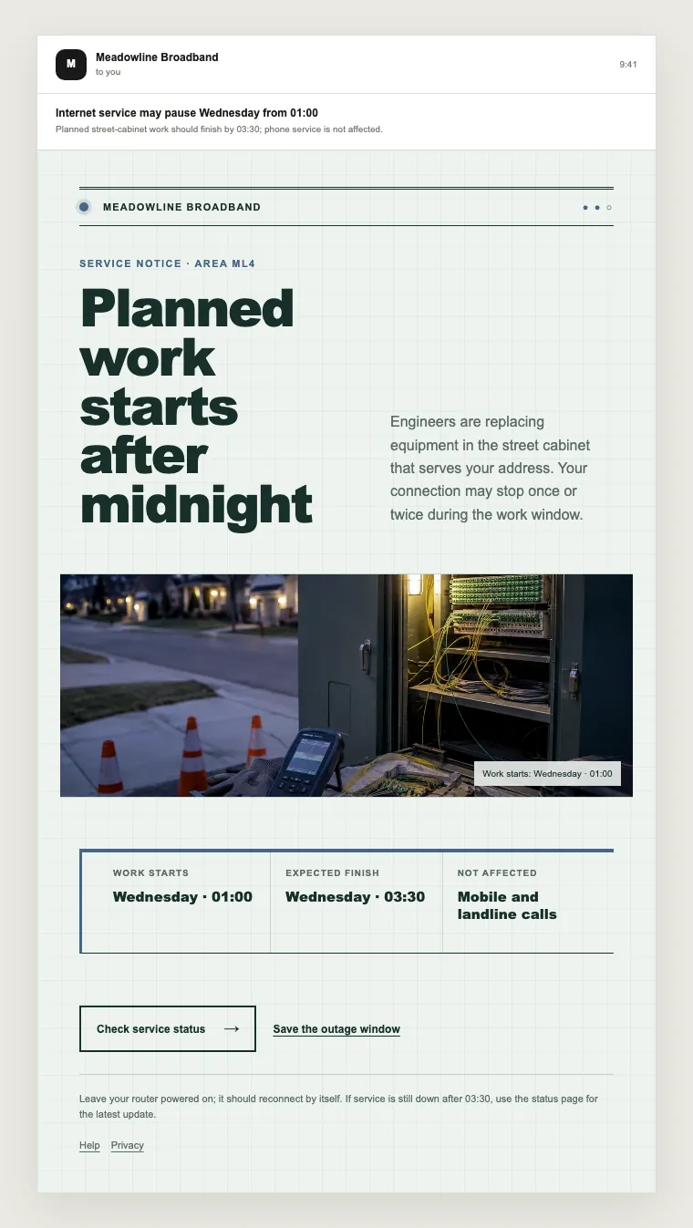 Planned service work email template preview