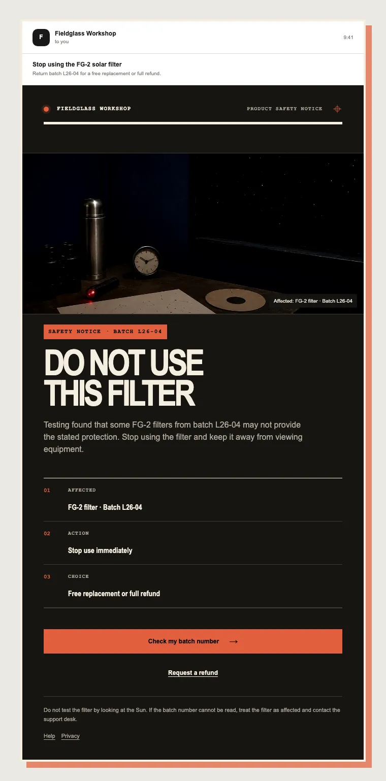 Product safety notice email template preview