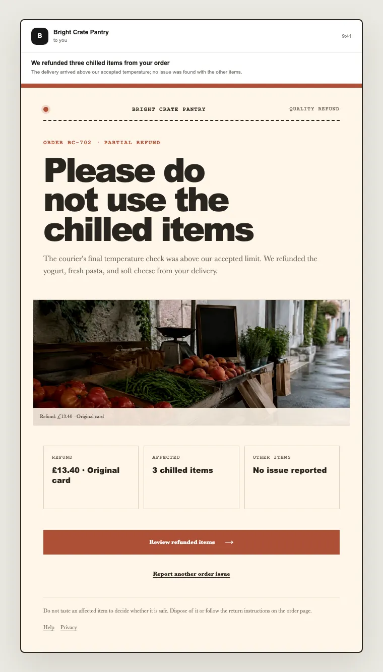 Quality refund email template preview