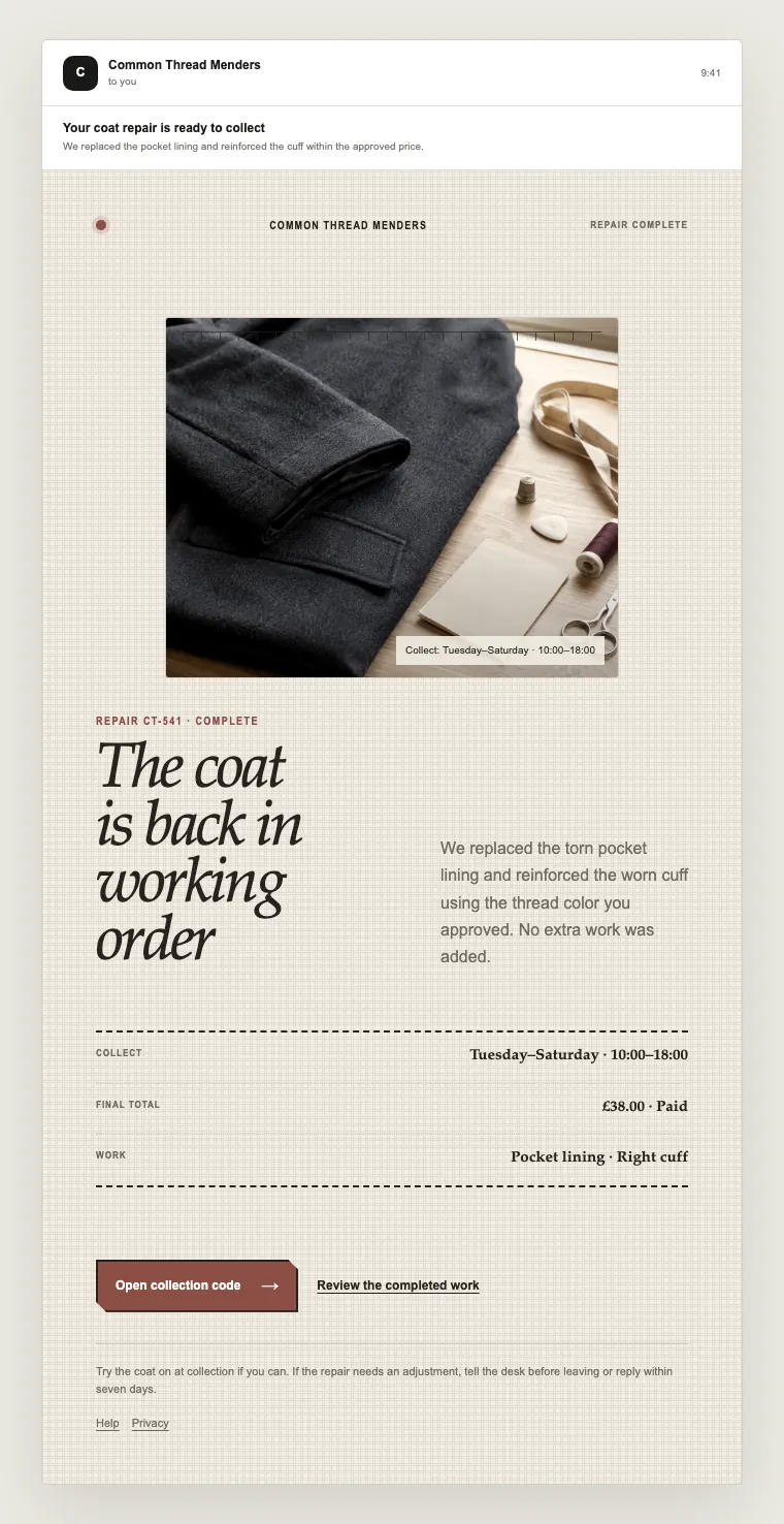Repair complete email template preview