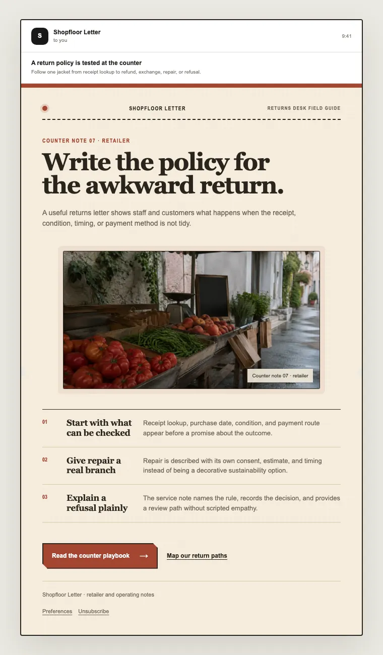 Returns desk field guide email template preview