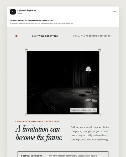 Small-film production notebook email template preview