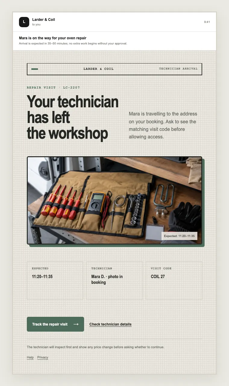 Technician arrival email template preview