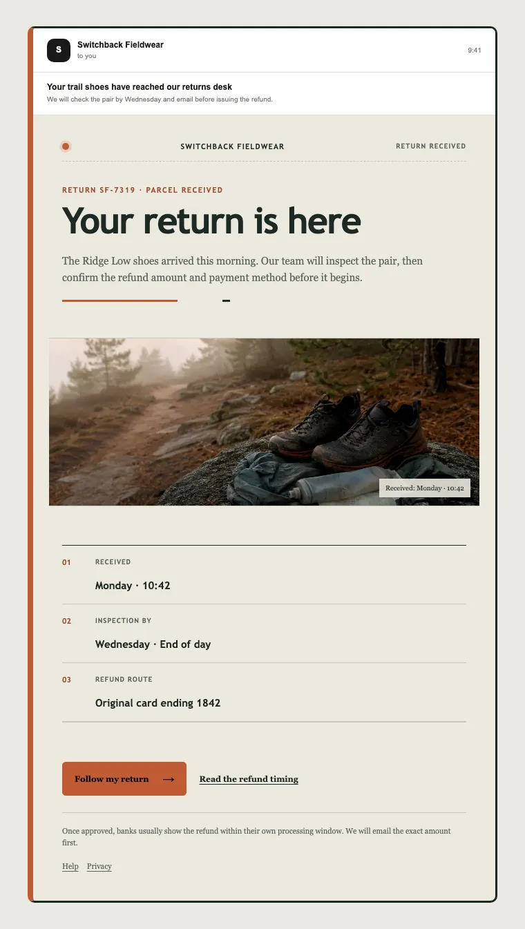 Trail shoe return received email template preview