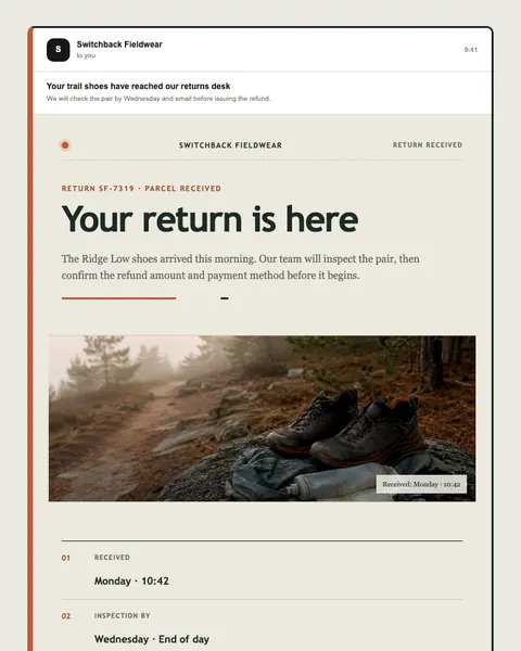 Trail shoe return received email template preview