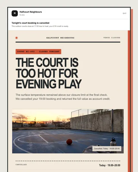 Venue closure email template preview